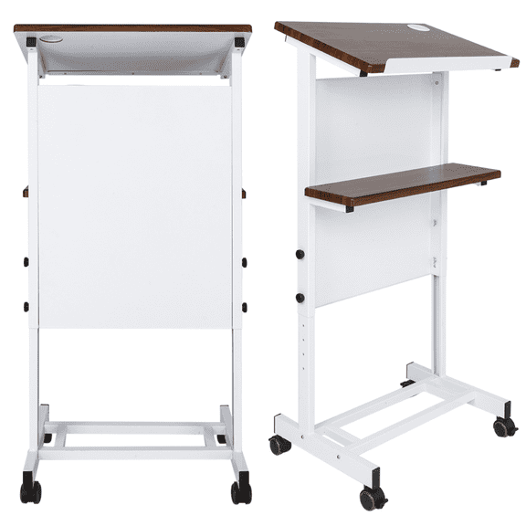 VINGLI Mobile Stand Up Lectern Height Adjustable Podium with Wheels, Portable Heavy Duty Desk, Church Pulpit or Ceremony, Classroom Lecture Speech Teach Platform, Walnut Tabletop and White Steel Frame