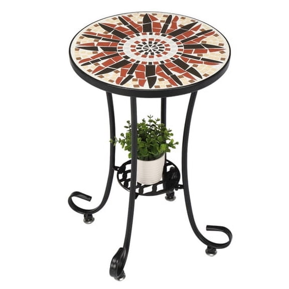 VINGLI Mosaic Accent Table, 14" Round Side End Table Plant Stand (Brown Flower)