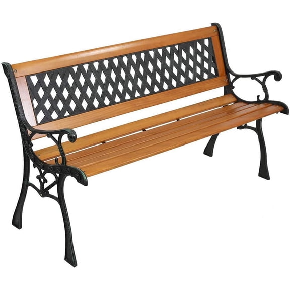 VINGLI Outdoor Bench Metal Garden Bench Front Porch Bench, Wood Patio Bench w/PVC Backrest Cast Iron Love Seat Park Bench