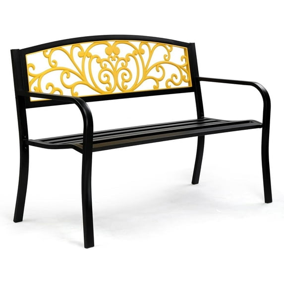 VINGLI Outdoor Bench for Patio Metal Garden Bench w/PVC Back Pattern, Black Park Bench Front Porch Bench for Yard Lawn Decor Deck Entryway (Floral)