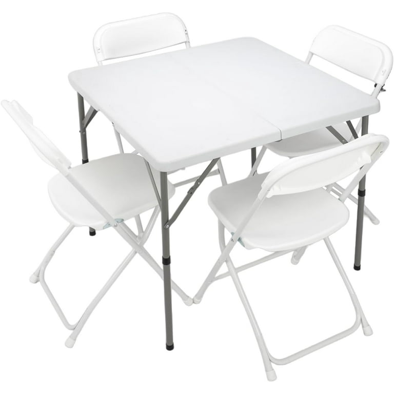 VINGLI Outdoor Dining Set 34 inch Folding Table with 4 Plastic Folding Chairs Sturdy for Outdoor Home Kitchen White 5 Pieces Set