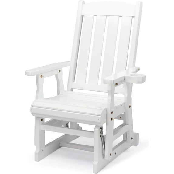 VINGLI Outdoor Glider Chair Wood Patio Glider with Cup Holder, Porch Glider with Smooth Rocking Mechanism, Heavy Duty 600 LBS, White