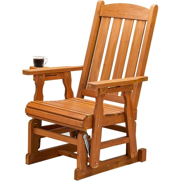 VINGLI Outdoor Glider Chair Wood Patio Glider with Cup Holder, Porch Glider with Smooth Rocking Mechanism, Heavy Duty 600 LBS