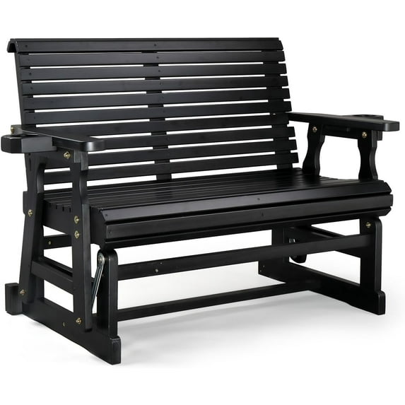VINGLI Outdoor Glider Wood Patio Chair with Cup Holders, Outdoor Bench Glider Loveseat with Smooth Rocking Mechanism, Heavy Duty 800 LBS, Black