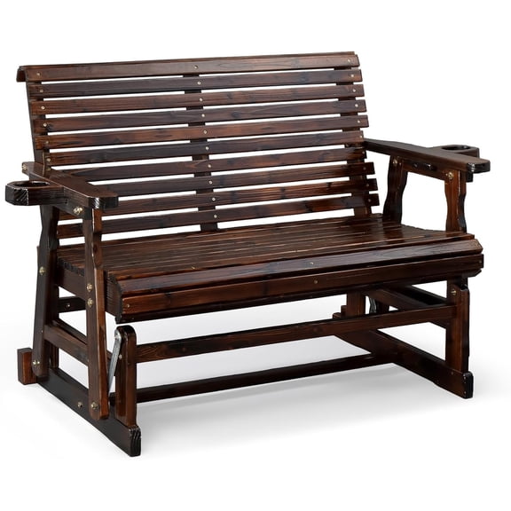 VINGLI Outdoor Glider Wood Patio Chair with Cup Holders, Outdoor Bench Glider Loveseat with Smooth Rocking Mechanism, Heavy Duty 800 LBS, Rustic