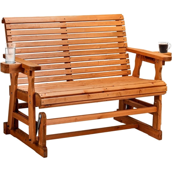 VINGLI Outdoor Glider Wood Patio Chair with Cup Holders, Outdoor Bench Glider Loveseat with Smooth Rocking Mechanism, Heavy Duty 800 LBS