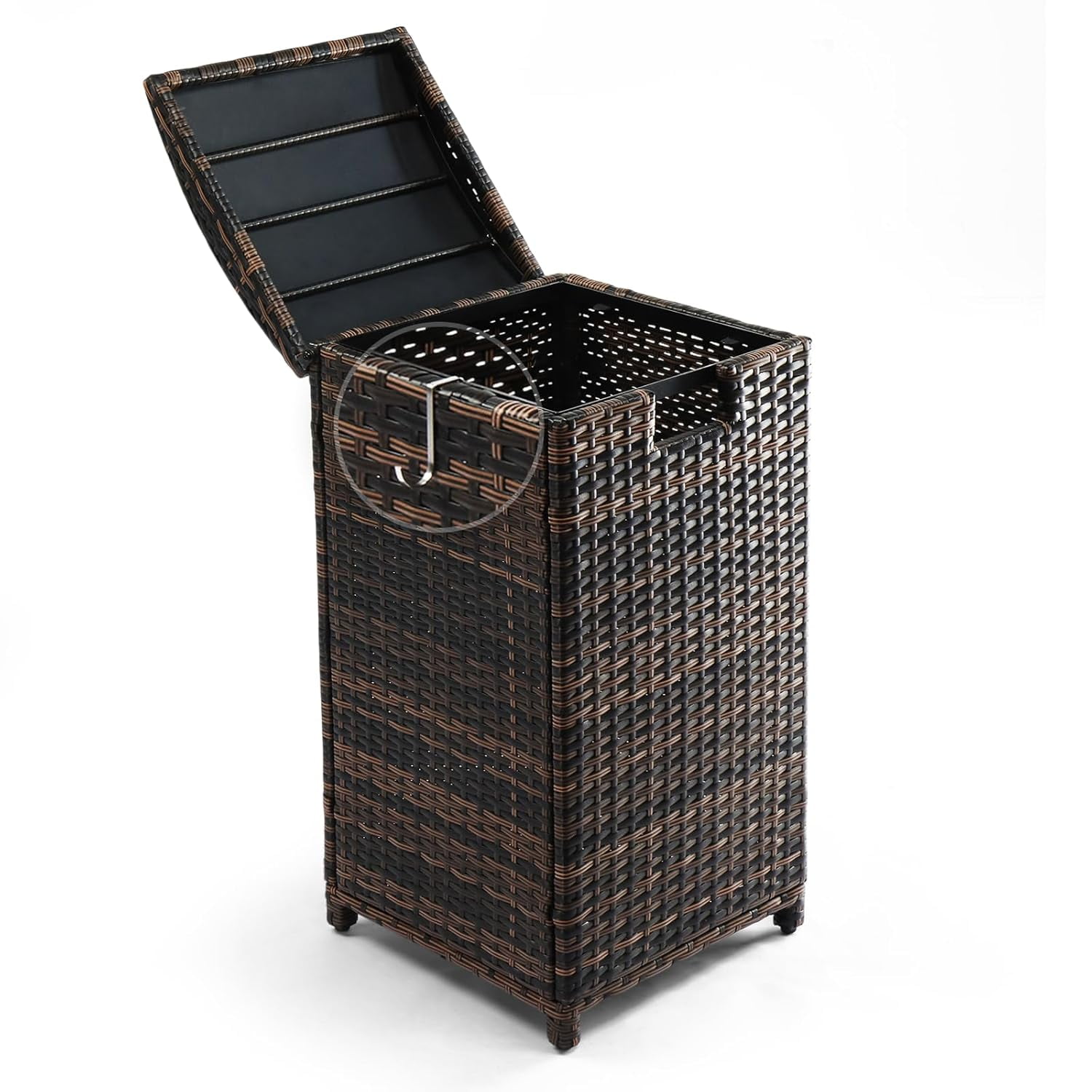 VINGLI Outdoor Trash Can, 33 Gallon Trash Can with Convenient Lid, Rattan Garbage Container with Side Hook, Weatherproof Patio Trash Can for Graden, Yard, Patio, Brown