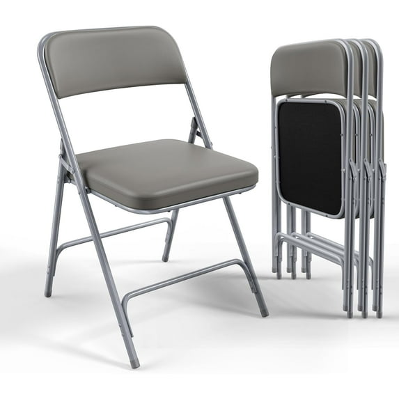VINGLI Padded Folding Chairs with Thick Seat Cushion, Portable, Durable & Extra Comfortable Foldable Chairs for Indoor & Outdoor Events, Banquet, Party, Dinning, Work, Craft, PU, Gray, 4 Pack