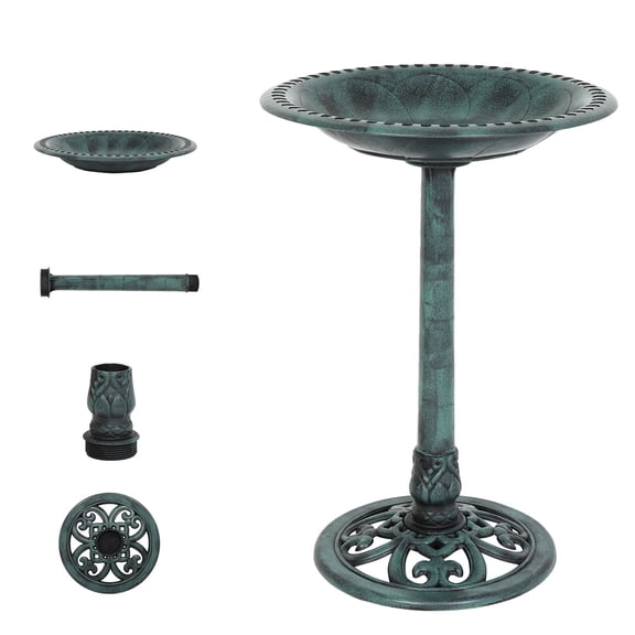 VINGLI Pedestal Bird Bath 28 Inch Antique Green Resin Birdbaths Vintage Garden Decor for Outdoor Lightweight