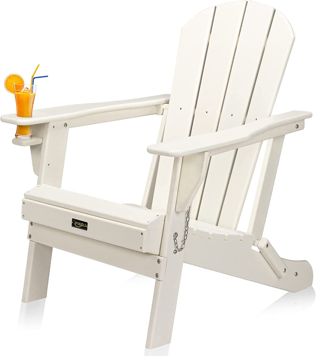 VINGLI Plastic Folding Adirondack Chair with Cup Holder, 100% Recyclable Waterproof HDPE Material, Comfortable 380lb Weight Capacity for Outdoor Pool Patio Lounge Chair Lawn Furniture Firepit (White)