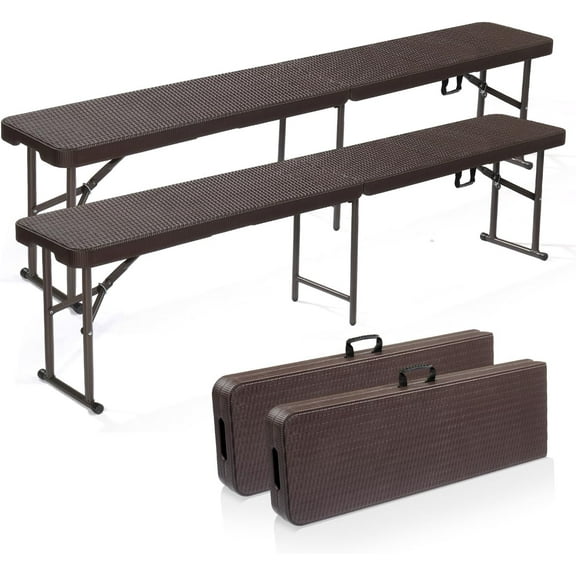 VINGLI Plastic Rattan Patterned HDPE Tabletop Folding Bench Brown