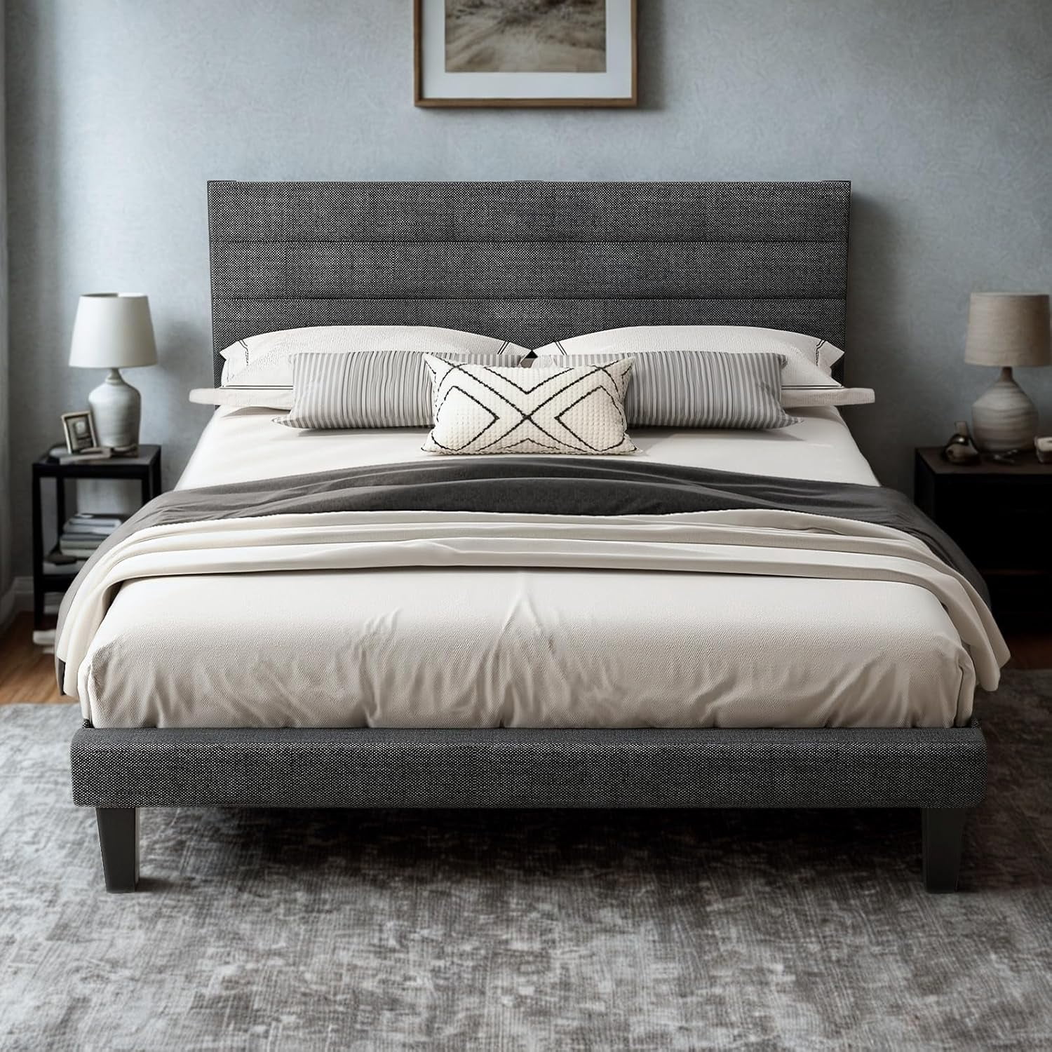 Panel Support Frame VINGLI Platform Bed Frame Queen Size with Linen Fabric Headboard,Modern ...