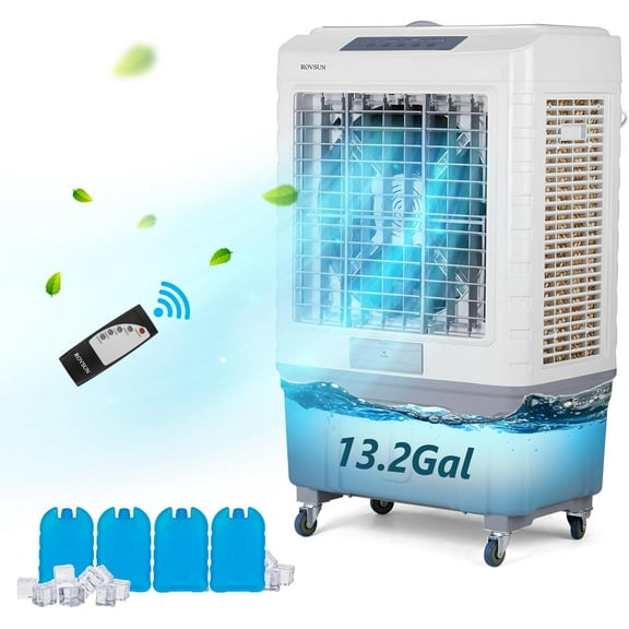 VINGLI Portable Air Cooler, 4100CFM Evaporative Swamp Cooler with 13.2Gal/50L Water Tank, Cooling Fan with Oscillating, 3 Speeds, 7.5H Timer, 4 Ice Box