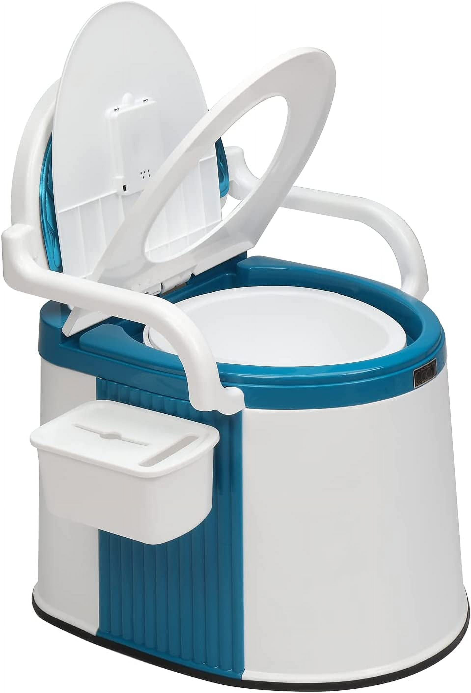 Blue and White Portable Floor Mounted Camp Toilet with Handrail