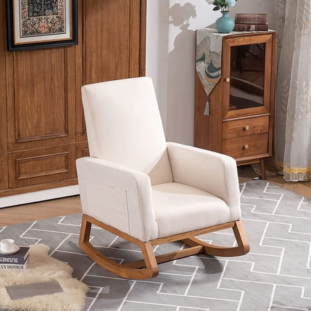 VINGLI Rocking Chairs for Nursery, Beige Glider Mid Century Rocking Chair for Toddler Creamer Solid Wood Rocker