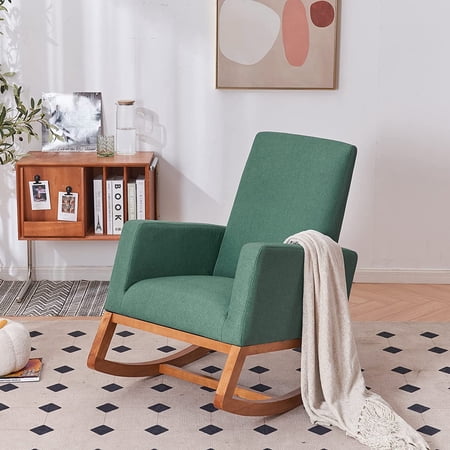 VINGLI Rocking Chairs for Nursery, Green Glider Mid Century Rocking Chair for Toddler Creamer Solid Wood Rocker