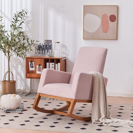 VINGLI Rocking Chairs for Nursery, Pink Glider Mid Century Rocking Chair for Toddler Creamer Solid Wood Rocker