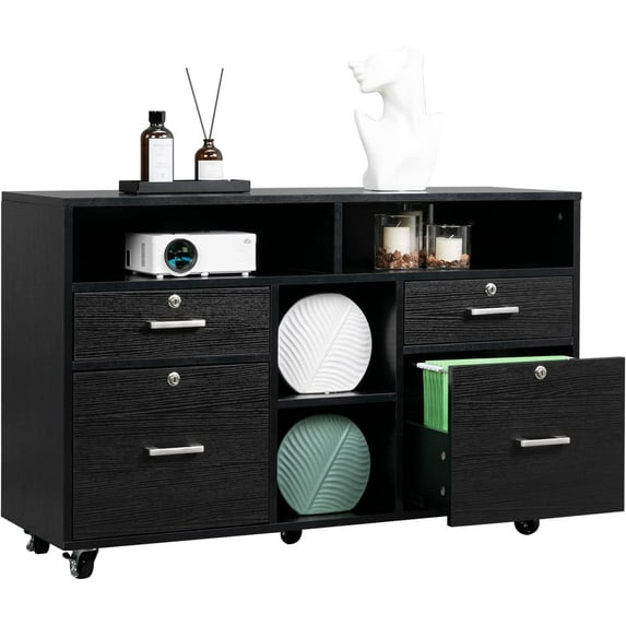 VINGLI Rolling 4-Drawer File Cabinet with Lock and Shelves, Wood Lateral Filling Printer Stand for Home Office, Black