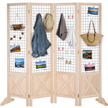 VINGLI Room Divider Freestanding Gridwall, 4 Panel Folding Display Board Organizer with Base Feet, Decorative Wooden Frame Wire Grid Screens for Craft Shows Events Retail