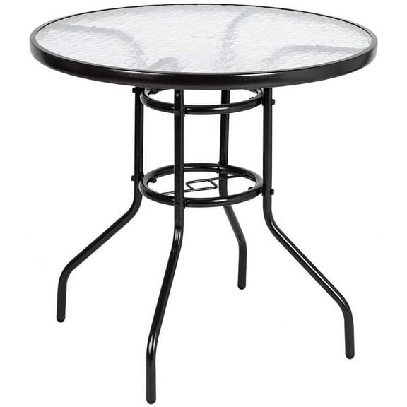 VINGLI Round Patio Table with Umbrella Hole, 32" Outdoor Dining Table Steel Tempered Glass Patio Table Round Outdoor Table for Balcony Garden Deck