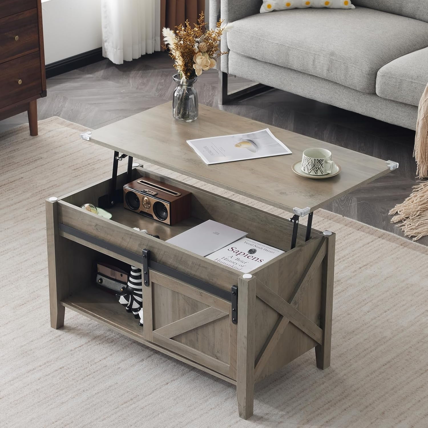 VINGLI Rustic Grey Lift Top Coffee Table, 36" Small Farmhouse Barn Door ...