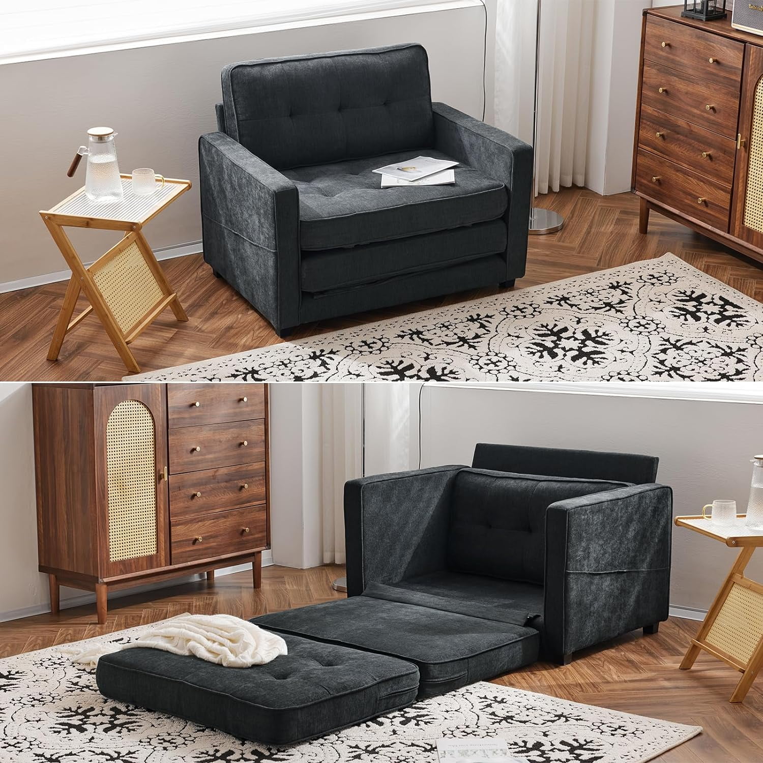 VINGLI Brandclub VINGLI Sleeper Chair Bed Accent Chairs for Living Room Convertible Chair Bed 43 Width Big Comfy Chair 84 Length Pull Out Sofa Bed Futon Chair Grey Single Sofa