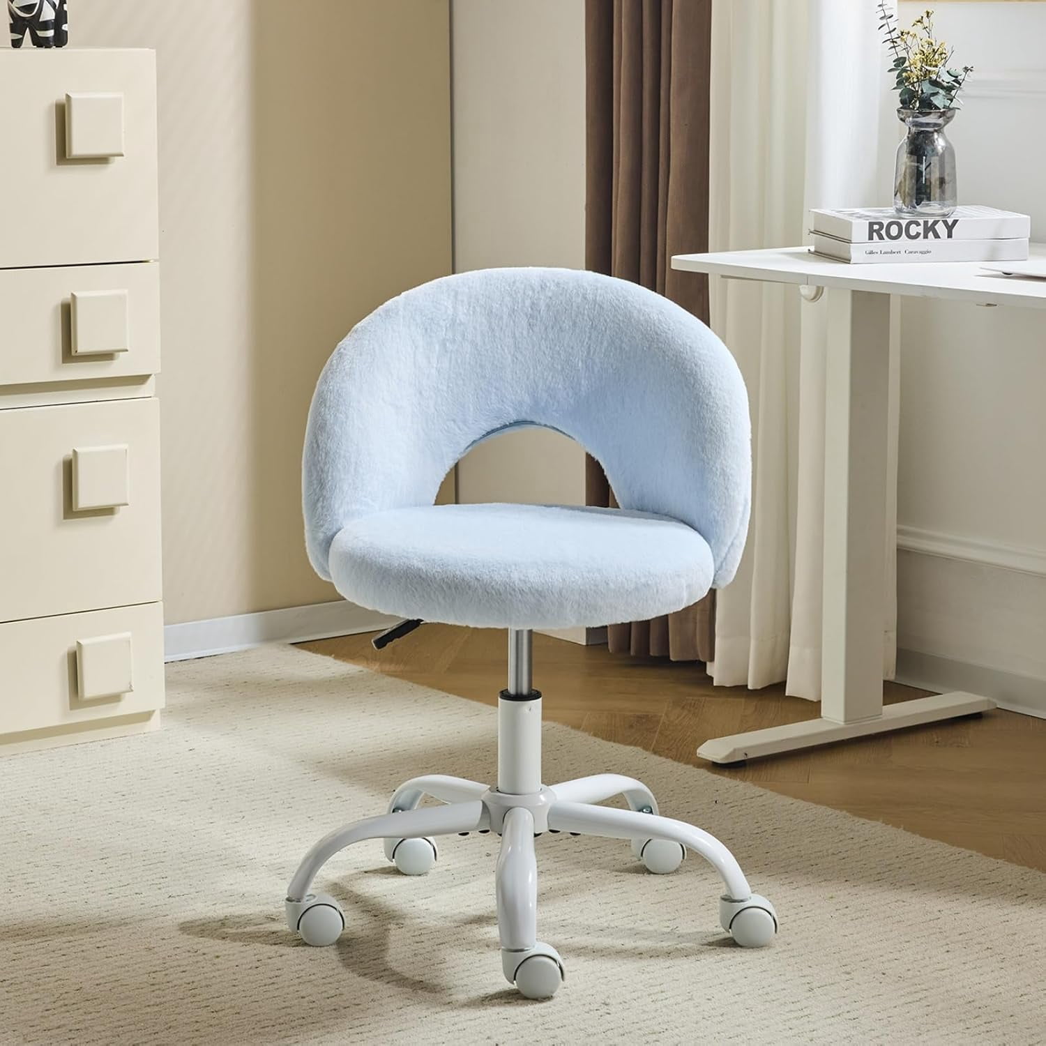 VINGLI Small Vanity Chair with Wheels for Girls.Cute Modern Adjustable Height Armless Office Desk Chair.360°Swivel Comfy Rolling Chair for Study, Make up Room,Small Space,Linen White