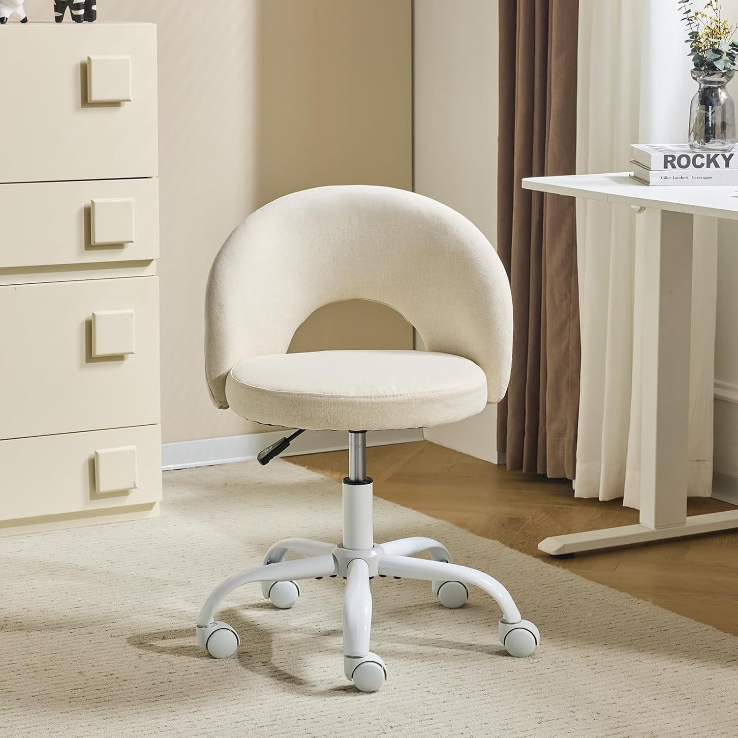 VINGLI Small Vanity Chair with Wheels for Girls.Cute Modern Adjustable Height Armless Office Desk Chair.360°Swivel Comfy Rolling Chair for Study, Make up Room,Small Space,Linen White