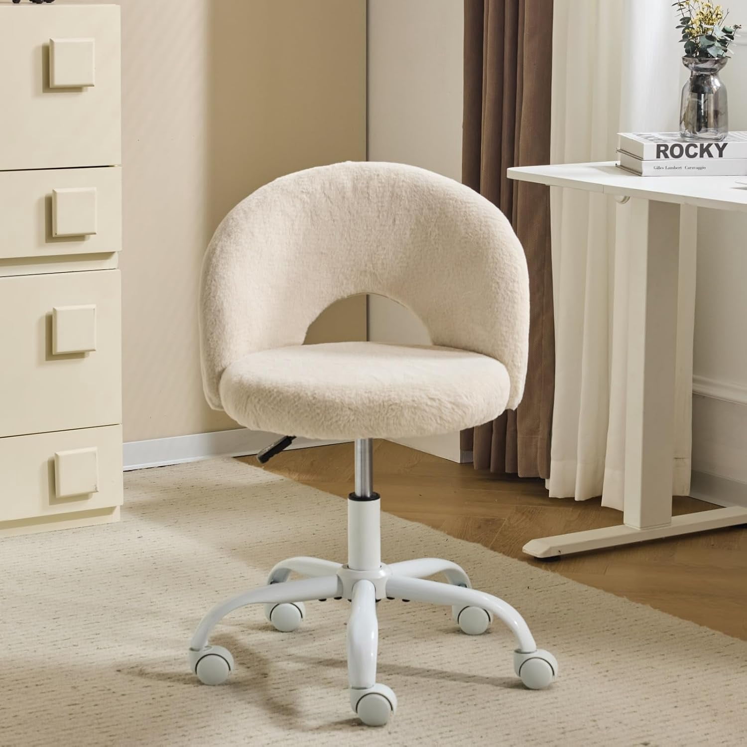 VINGLI Small Vanity Chair with Wheels for Girls.Cute Modern Adjustable Height Armless Office Desk Chair.360°Swivel Comfy Rolling Chair for Study, Make up Room,Small Space,Linen White