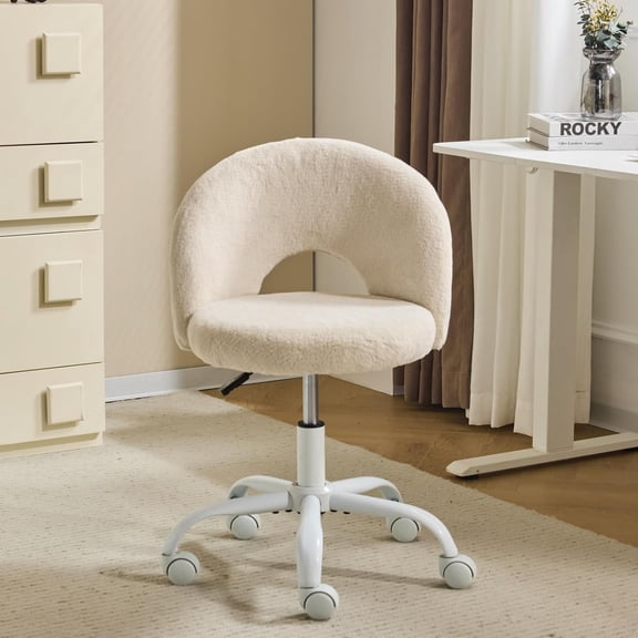 VINGLI Small Vanity Chair with Wheels for Girls.Cute Modern Adjustable Height Armless Office Desk Chair.360°Swivel Comfy Rolling Chair for Study, Make up Room,Small Space,Linen White