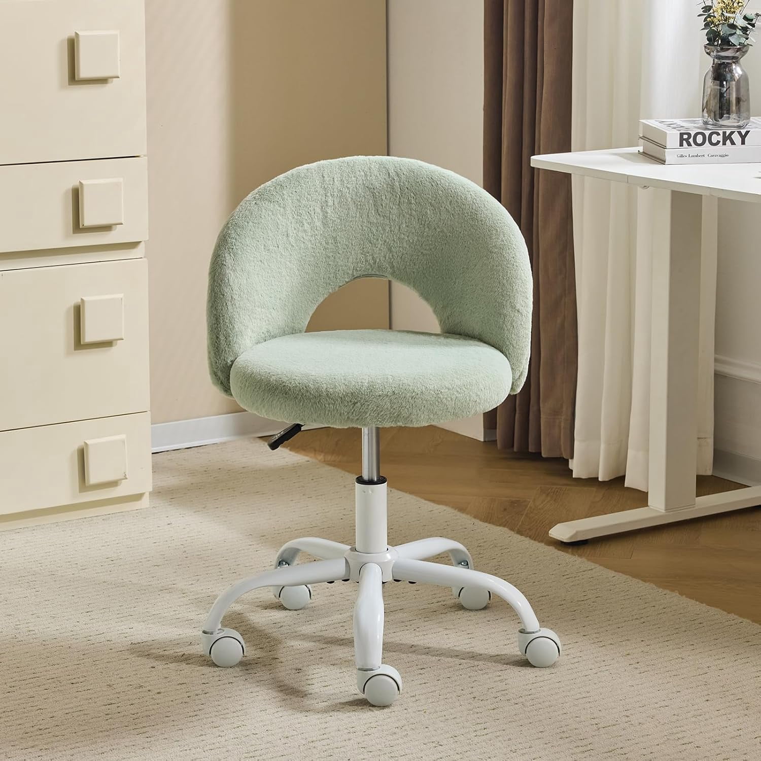 VINGLI Small Vanity Chair with Wheels for Girls.Cute Modern Adjustable Height Armless Office Desk Chair.360°Swivel Comfy Rolling Chair for Study, Make up Room,Small Space,Linen White