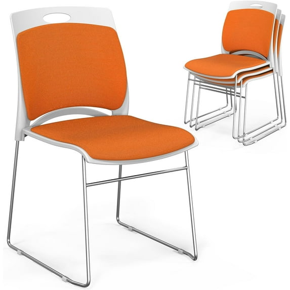 VINGLI Stackable Chairs Set of 4, Stacking Office Chairs with Metal Sled Base, Ergonomic Plastic Padded Seat & Back, Capacity 350lbs, Stacking Chairs for Waiting Room Break Room Banquet Guest, Orange