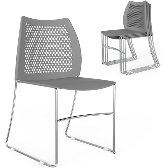 VINGLI Stacking Chairs Set of 5 Stackable Office Chairs with Metal Sled Base, Ergonomic Plastic Seat & Holes Back, Stacking Chairs for Waiting Room Break Room Banquet Guest, Orange
