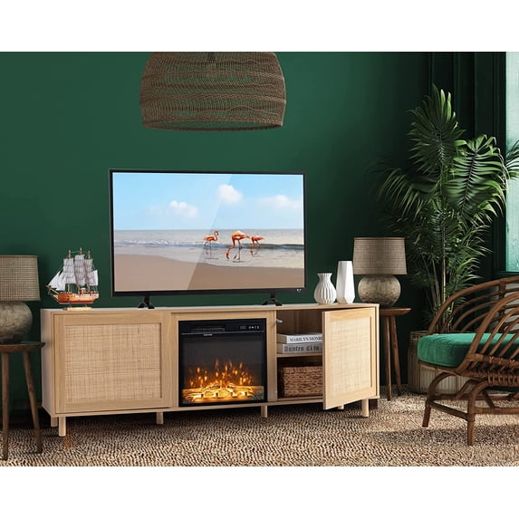 VINGLI TV Stand for 75+ inch TV, Electric Fireplace TV Stand Entertainment Center, Rattan TV Stand with 2 Side Natural Rattan Doors, Natural Wood