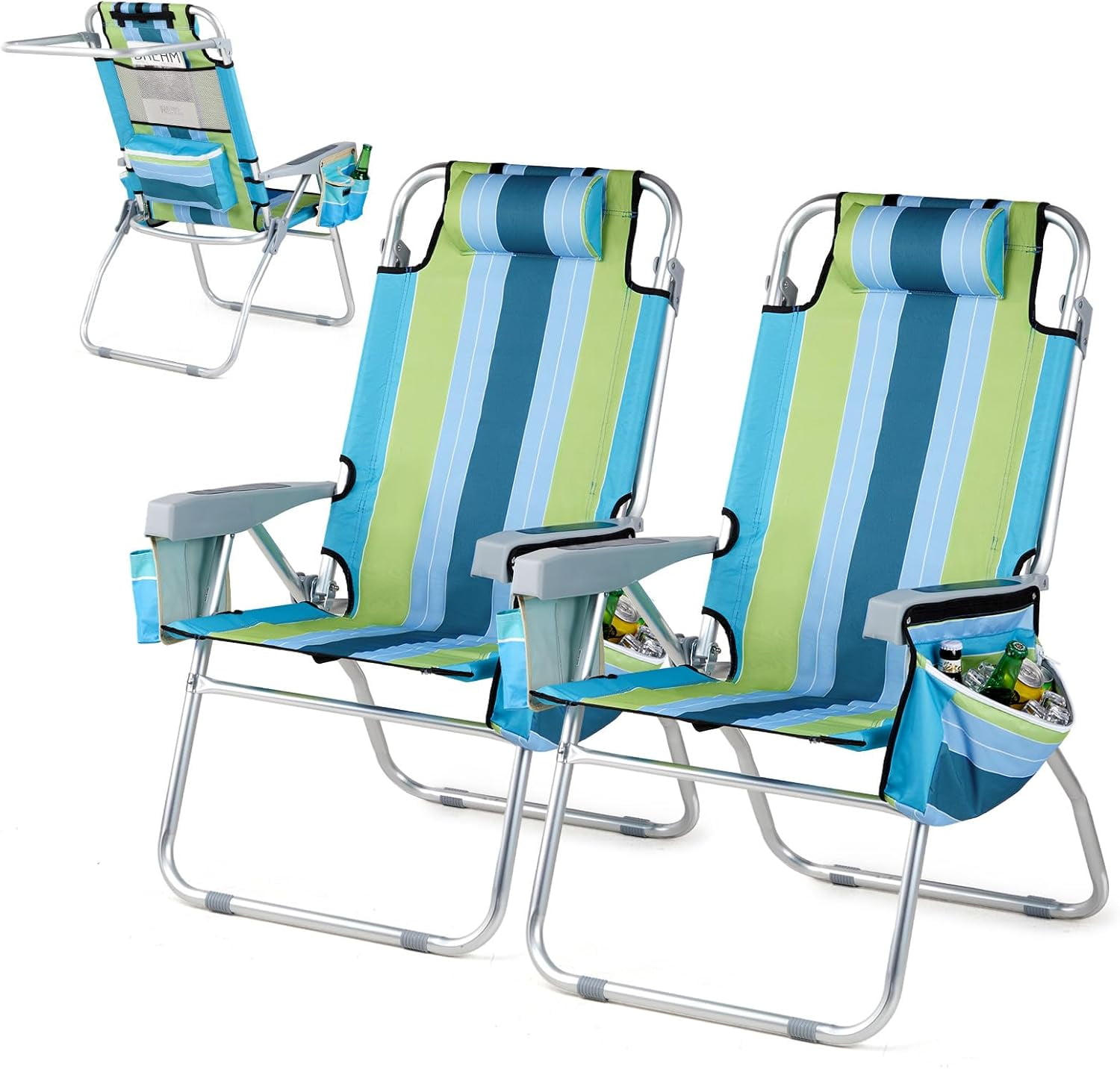 VINGLI Tall Backpack Beach Chair 2 Pack, with 5Position, Cooler Bag