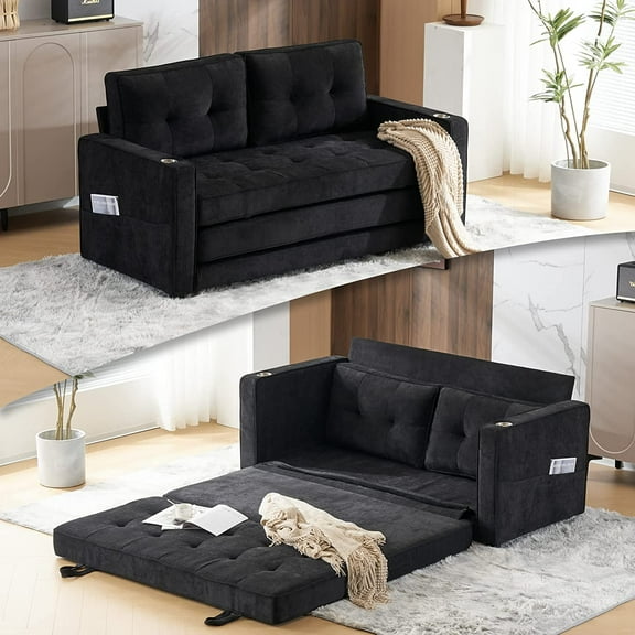 VINGLI Modern Chenille Pull Out Couch 6" Thick Loveseat Sofa Sleeper, Black