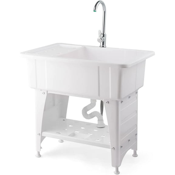 VINGLI Utility Sink Laundry Tub for Washing Room, Freestanding Utility Sink with Stainless Steel Faucet, (White, 19.7"W x 18.9"D x 33"H)