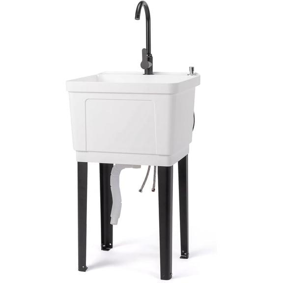 VINGLI Utility Sink Laundry Tub for Washing Room, Freestanding Utility Sink with Stainless Steel Faucet, (White, 19.7"W x 18.9"D x 33"H)