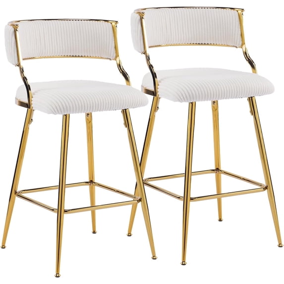 VINGLI Velvet Counter Height Bar Stools Set of 2, 26" H Counter Bar Stool for Kitchen Island, Barstools with Metal Gold Legs for Home Bar Coffee, White Outdoor Bar Stools