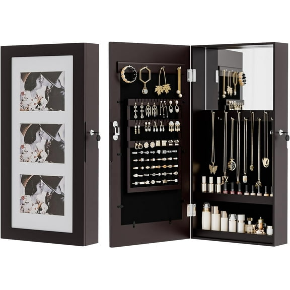 VINGLI Wall Mount Jewelry Armoire with Lock, Dark Brown Photo Frame & Mirror Storage Cabinet for Valuables
