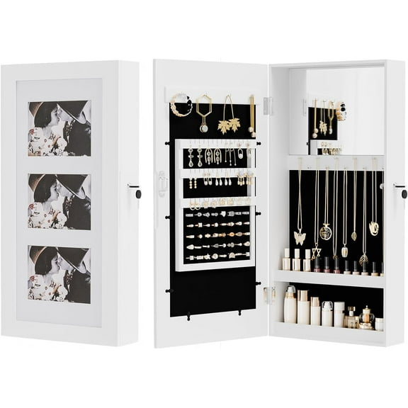 VINGLI Wall Mount Jewelry Armoire with Lock, Dark Brown Photo Frame & Mirror Storage Cabinet for Valuables