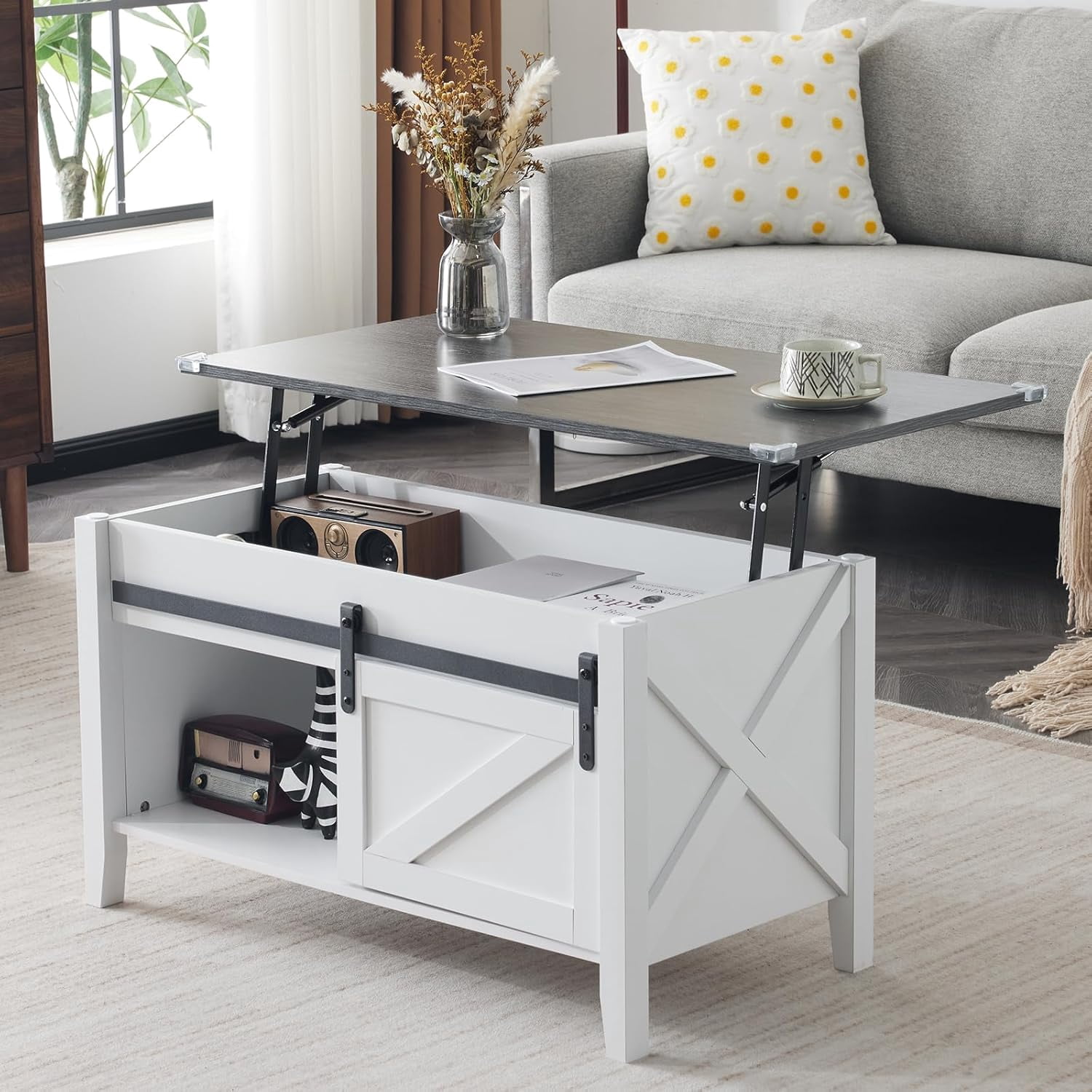 VINGLI White Charcoal Lift Top Coffee Table, 36" Small Farmhouse Barn ...