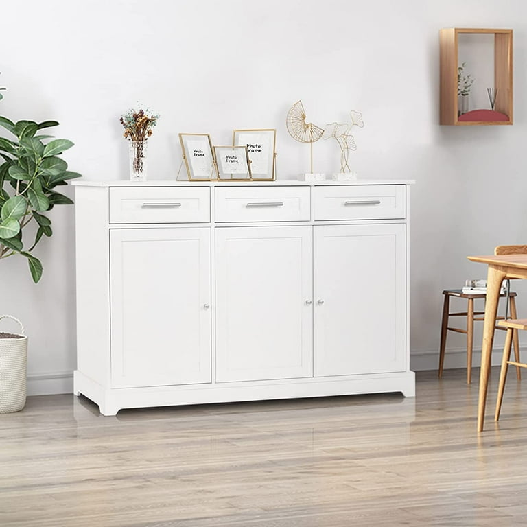 VINGLI White Credenza Kitchen Buffet Cabinet with Storage Dining Sideboard Buffet Console Table with Cabinet Adjustable Shelves and Drawers