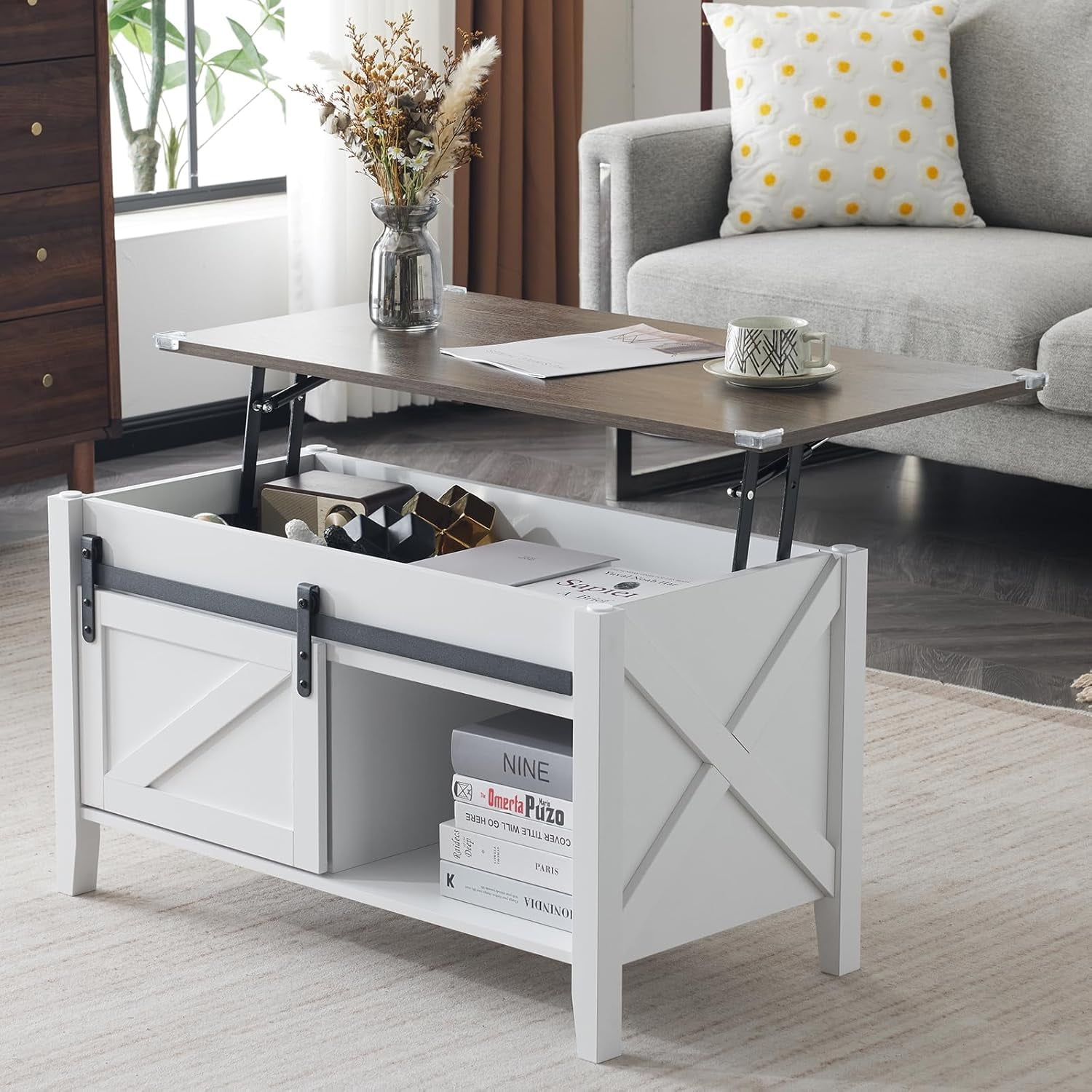 White Oak Lift Top Coffee Table, 36" Small Farmhouse Barn Door Coffee ...