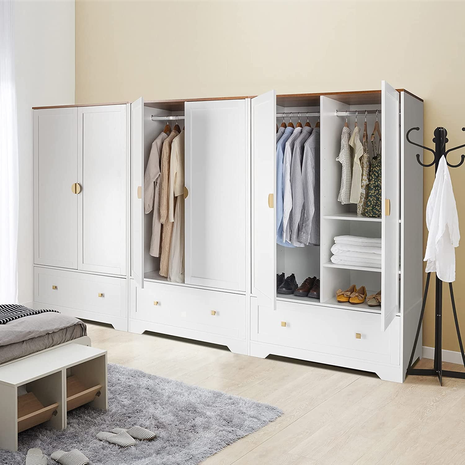 VINGLI Wide Wardrobe Closet, White Armoire Wardrobe with Hanging Rod