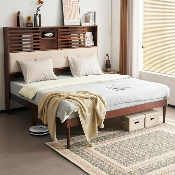 VINGLI Wood Full Size Bed Frame with Extra Tall 52 inches Storage Headboard Bookcase, LED Platform Bed with Charging Station, Walnut Brown