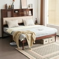 thumbnail image 1 of VINGLI Wood King Size Bed Frame with Extra Tall 52 inches Storage Headboard Bookcase, LED Platform Bed with Charging Station, Walnut Brown, 1 of 9