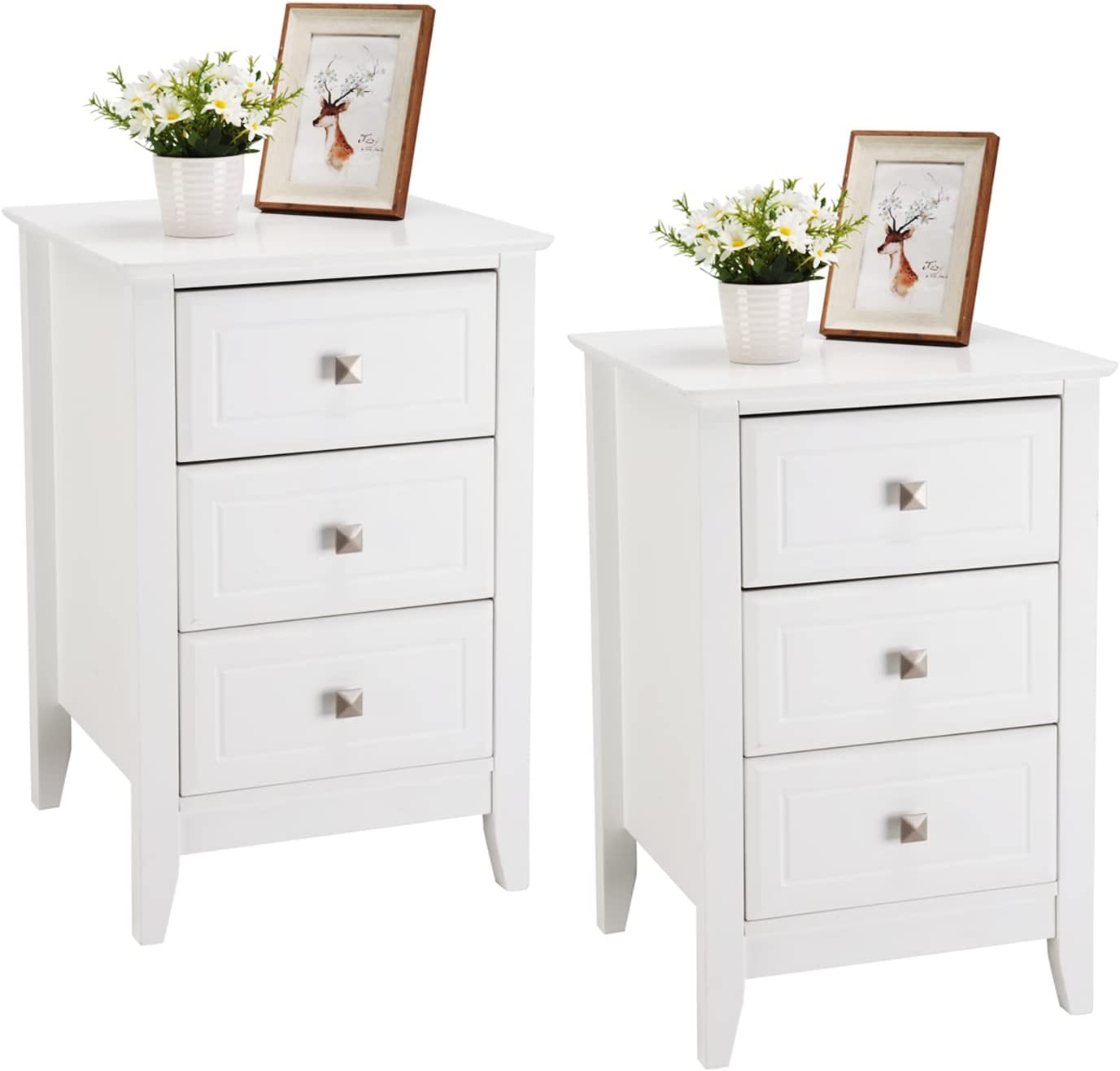 VINGLI Wooden White Nightstands for Bedroom Set of 2 Modern 3 Drawers