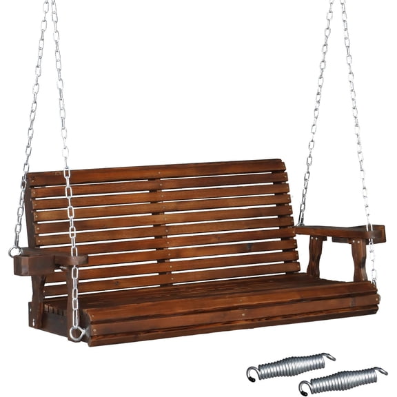 VINGLI XL Size Patio Wooden Porch Swing Outdoor with Cup Holders, Heavy Duty 880 LBS Hanging Swing Chair Bench with Hanging Chains for Yard, Lawn, Garden (4 FT Pro, Rustic)