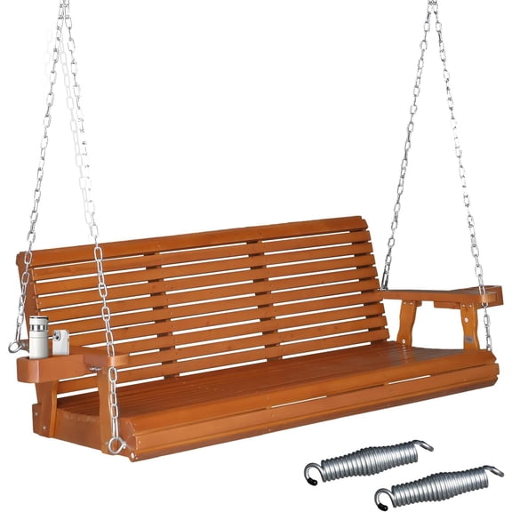 VINGLI XL Size Patio Wooden Porch Swing Outdoor with Cup Holders & Phone Slots, Heavy Duty 880 LBS Hanging Swing Chair Bench with Hanging Chains for Yard, Lawn, Garden (5 FT Pro, Brown)